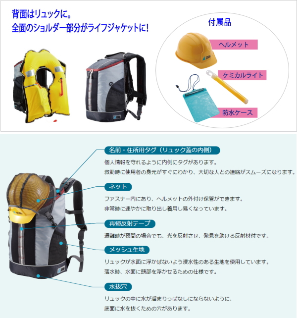 HUGS 水に浮く防災リュック ライフジャケット＋大型リュック